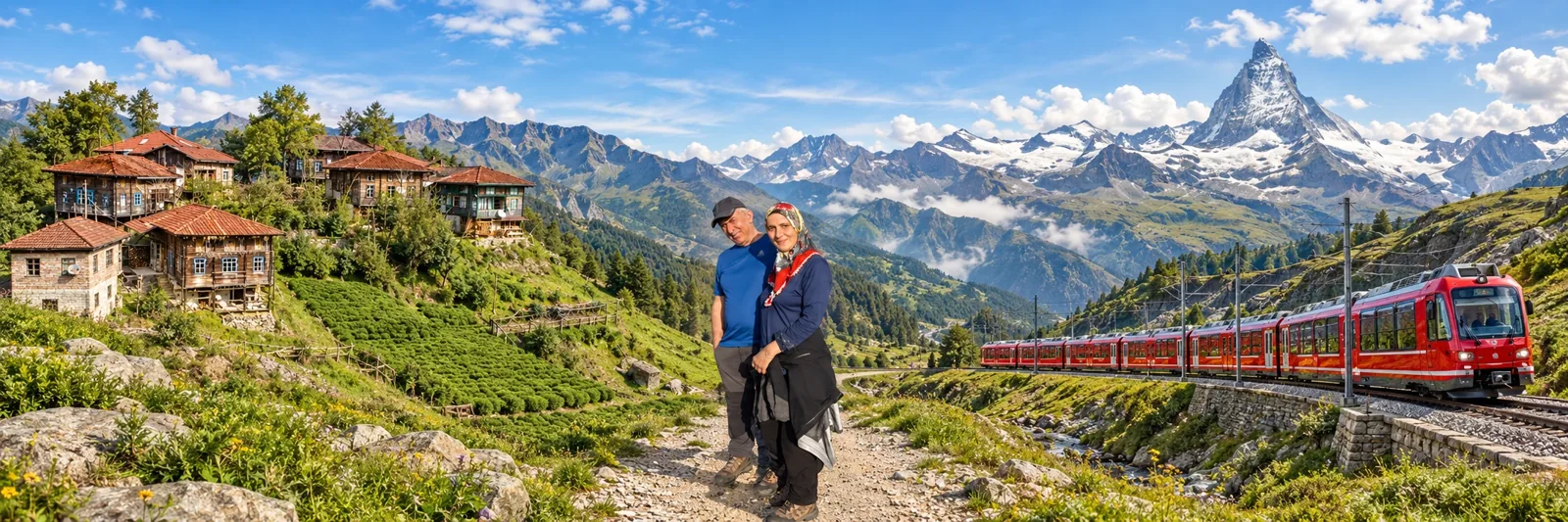 Eyüp Kesti ve eşi — Topluca evleri, dağlar ve kırmızı tren; kişisel yapay zekâ kompozisyonu